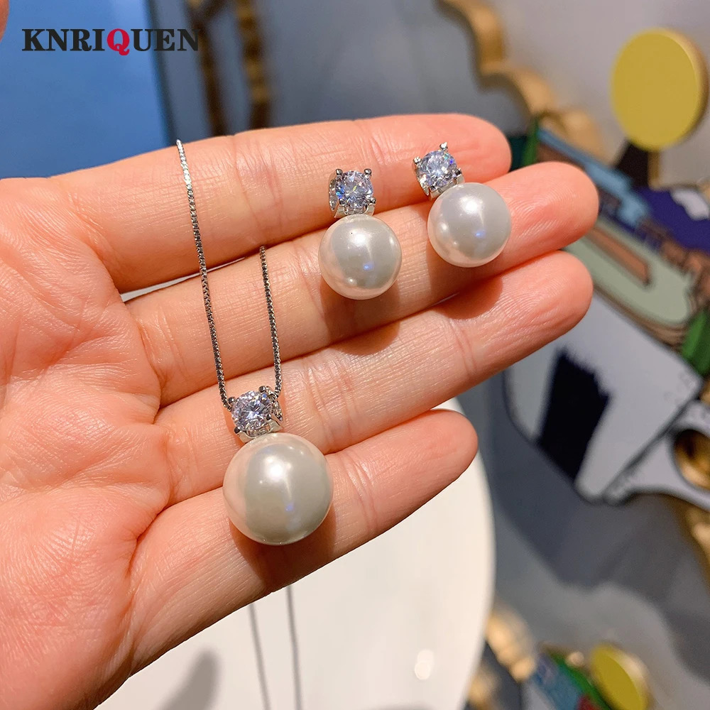 Charm 12mm white large pearl laboratory diamond pendant necklace earrings suitable for womens wedding party jewelry set exquisite gift accessories 241