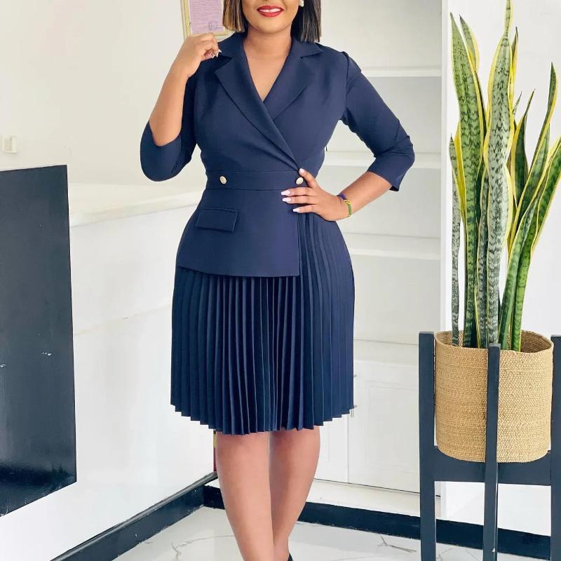 Casual Dresses Elegant For Women Blazer Turn Down Collar Pleated Modest Church Office Ladies Work Wear Female Slim Autumn B4