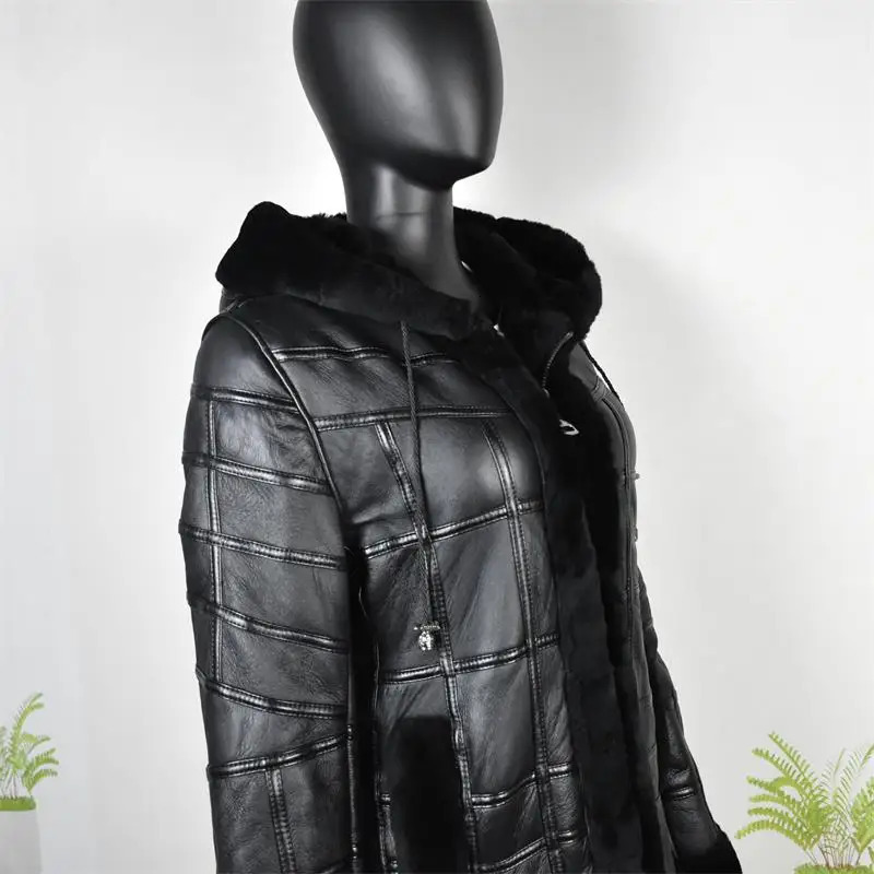 Real Sheep Skin Fur Splicing Winter Extended Tops Warm Leather Coat Women Vest Clothing Hat Sheepskin Long 241115