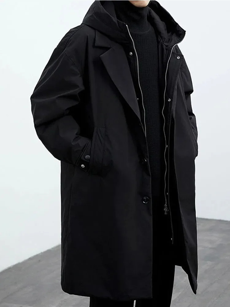 Fashionable solid windproof long trench jacket mens casual loose oversized highquality autumn street warm 241115