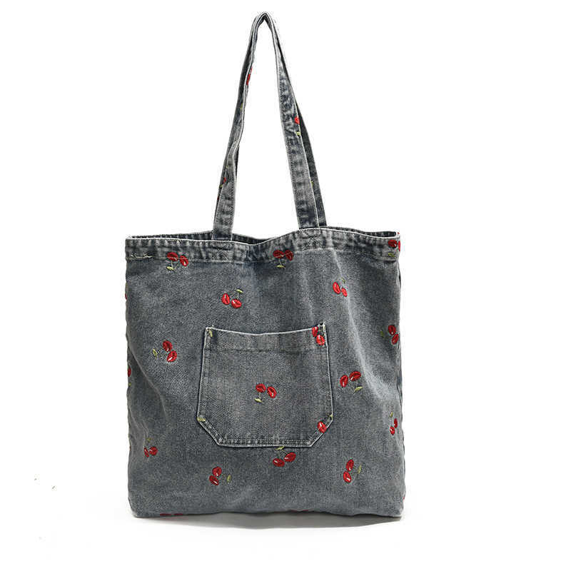 Korean version denim canvas tote bag for women 2024 new niche sweet style embroidered large capacity commuting shoulder bag for women