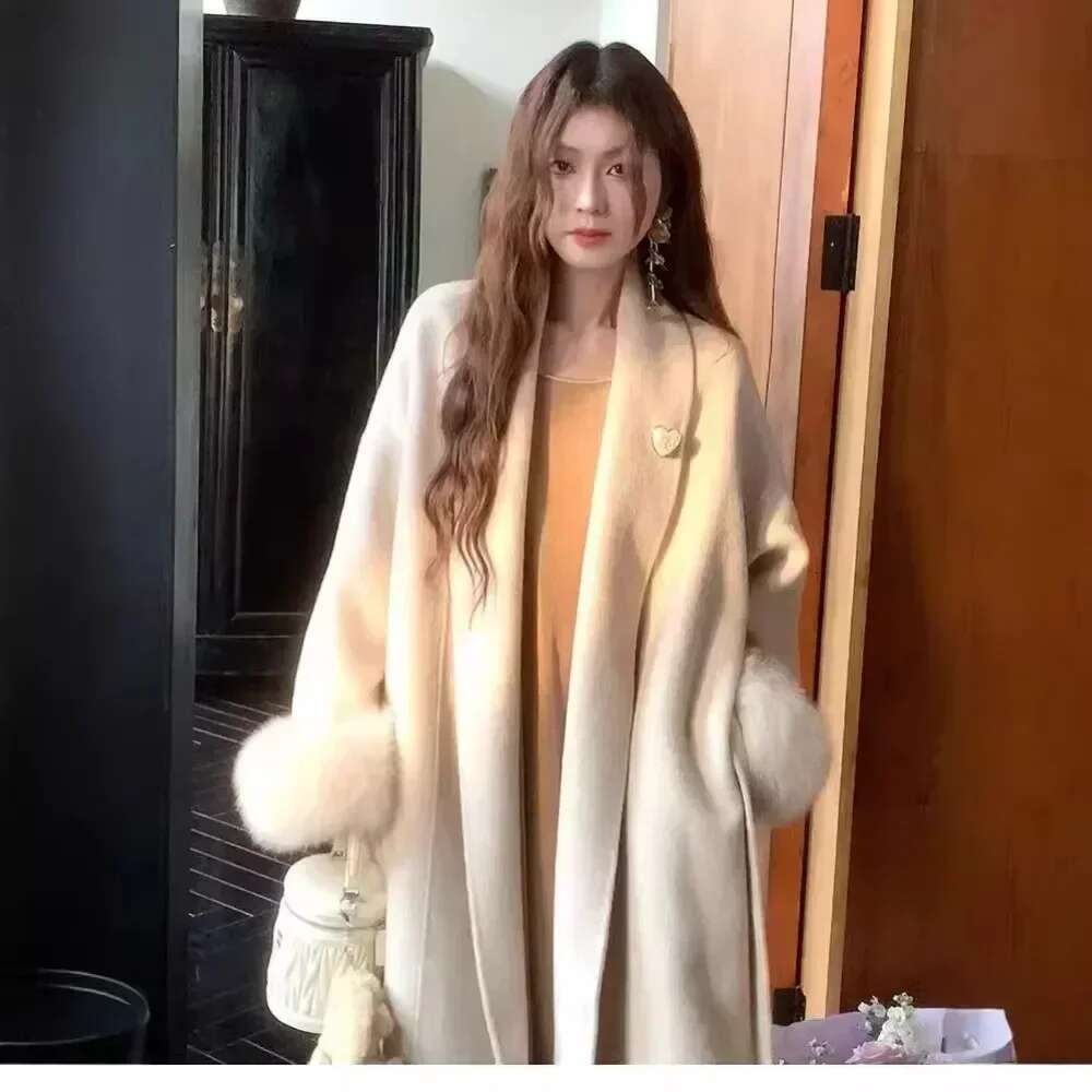 Cuffs Long Woolen Real Fox Fur Jacket Female 2024 Autumn Winter New Bathrobe Double-Sided Cashmere Coat Women