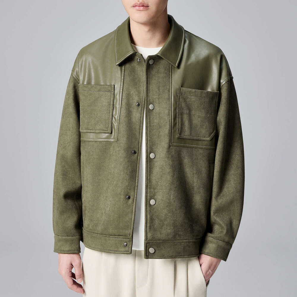 Mokaike Imitation Suede PU Splicing For Men, 2024 Autumn New Style, Simple Lapel Men's Jacket 81197