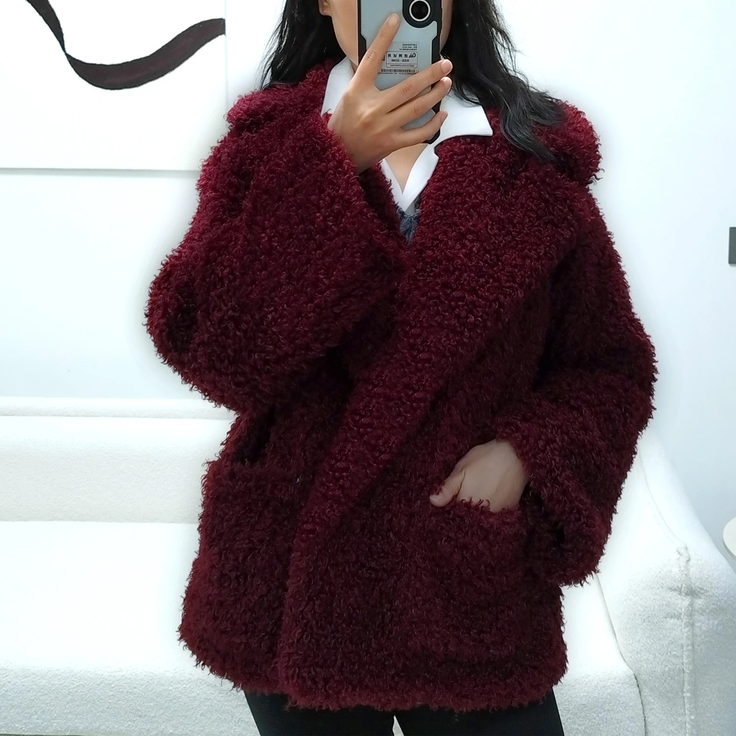 Womens Burgundy Fluffy Faux Lamb Curly Fur Jacket Furry Coat Winter 2025 241115