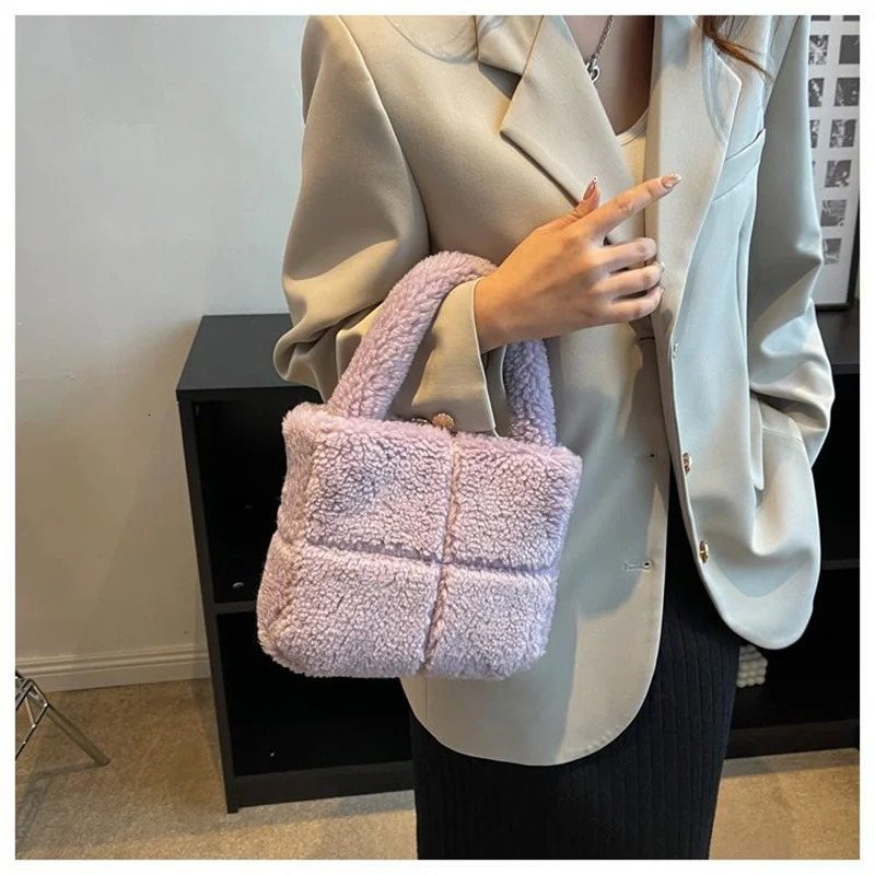 Square Bag Wool Bag Autumn/Winter Girl Fashion Retro Plush Bag Handbag Women Convenient Travel Bag White/Purple/Pink 241114
