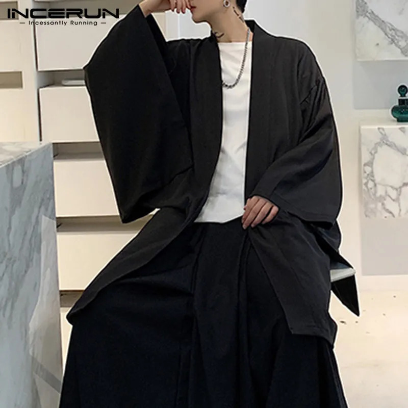 Mens Open Collar Loose Long Sleeve Street Clothing Ditch Fashion Retro Punk Solid Coat Cloak INCERUN 5XL 241115