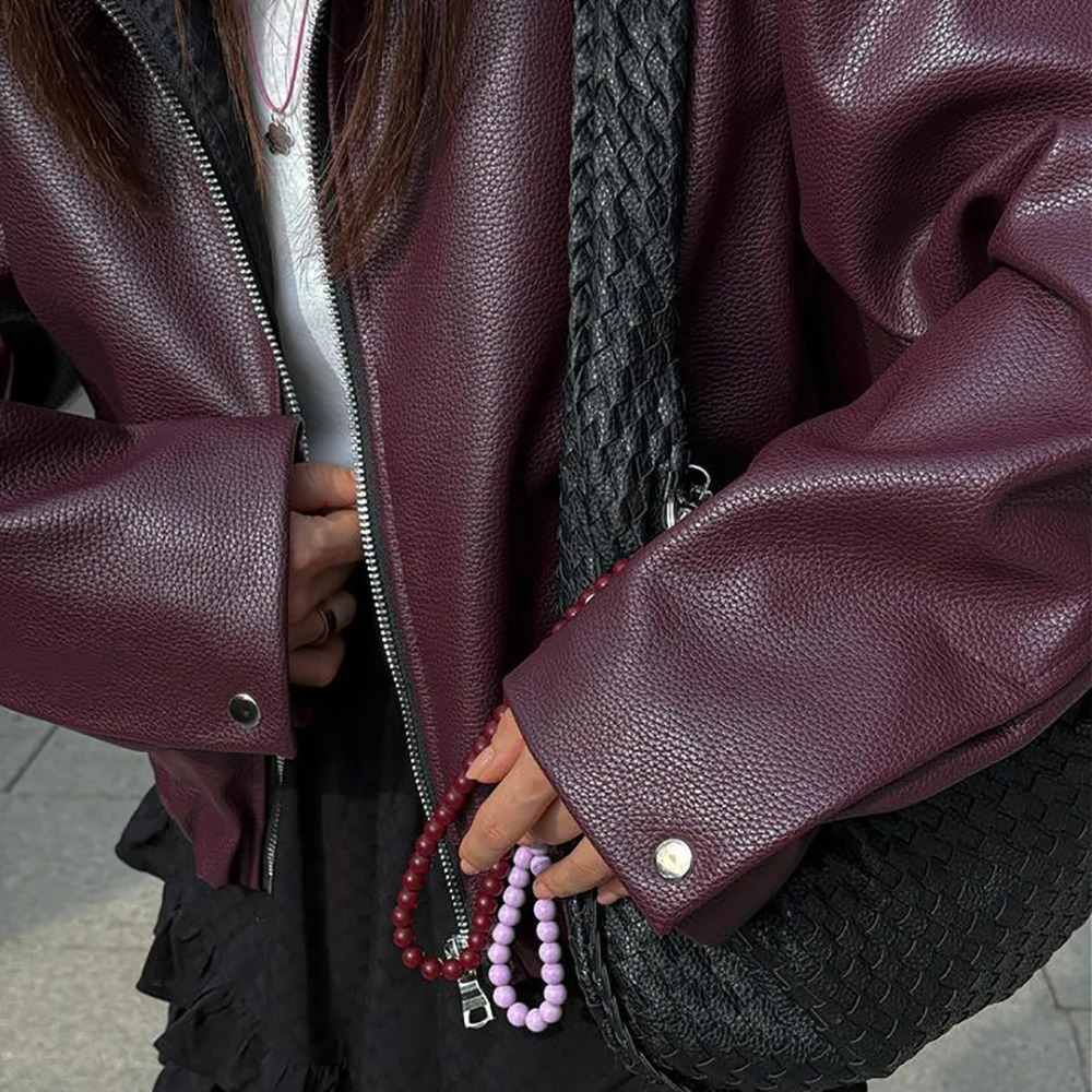 PB ZA womens leather jacket Long sleeve zipper motorcycle Motorcycle PU 241115