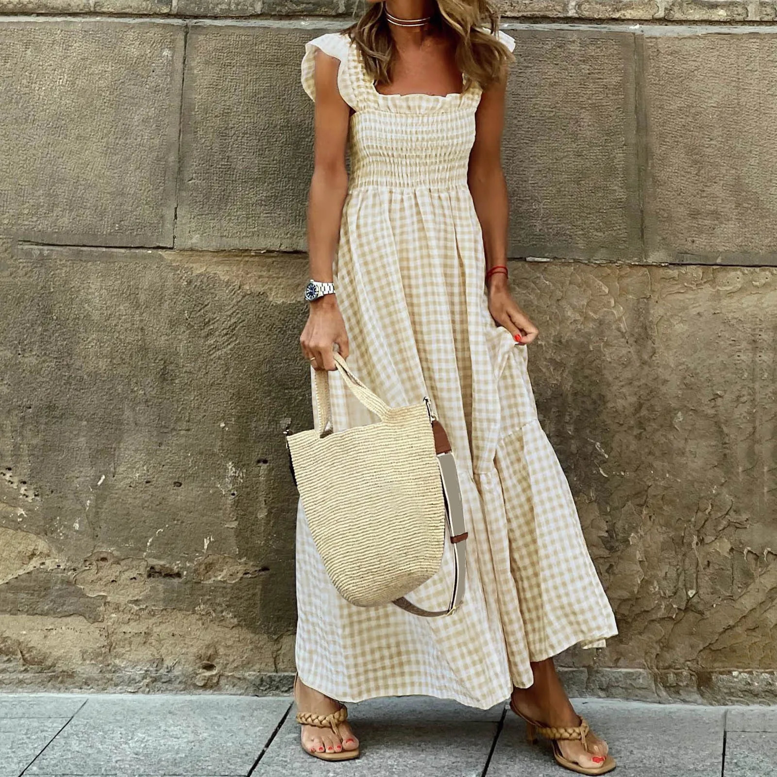 LadieS Dress Summer Sleeveless Crew V Neck Smocked Flowy Tiered A Line Midi Dresses With High Waist Woman Clothing 240419