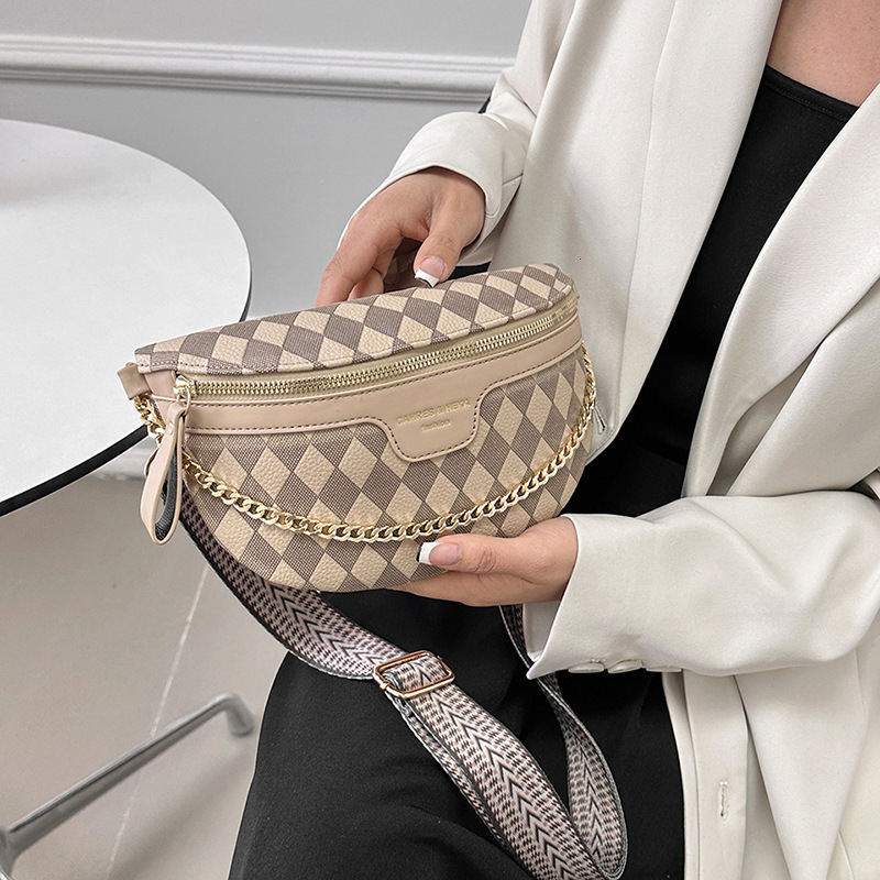 Checkerboard Plaid Fanny Pack for Women hot Fashionable Chain Waist Ladies Wide Strap Crossbody Bag PU and Canvas Brown