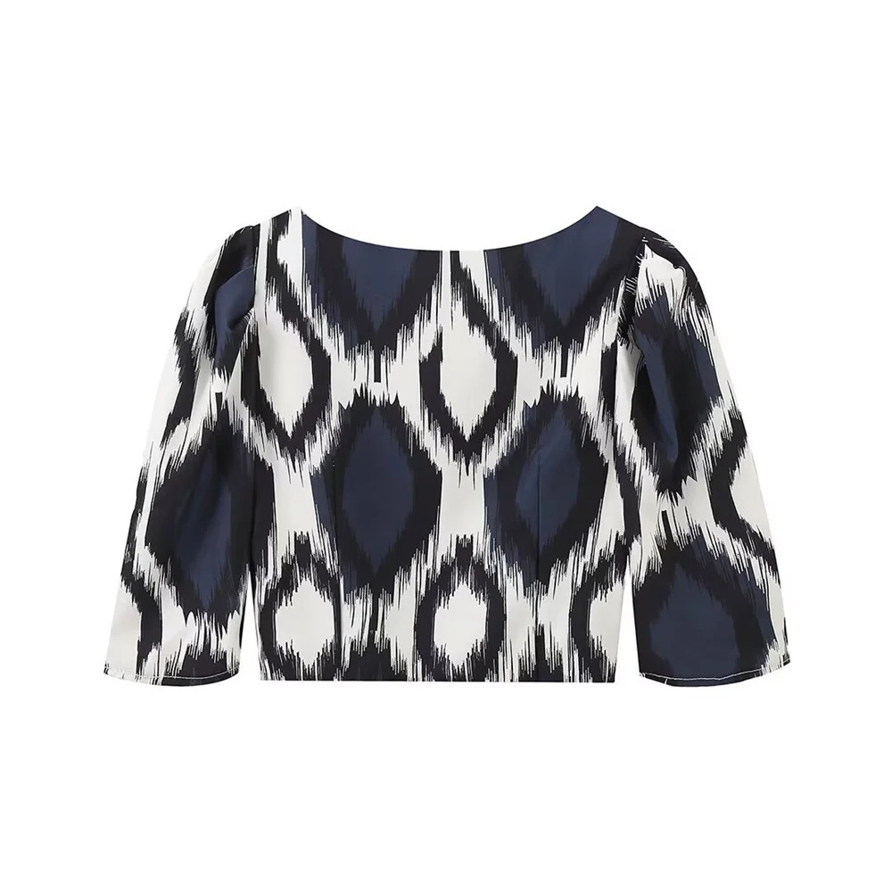 Kar Otza womens fashion simple printed square neck short top loose pleated skirt two-piece set 241114