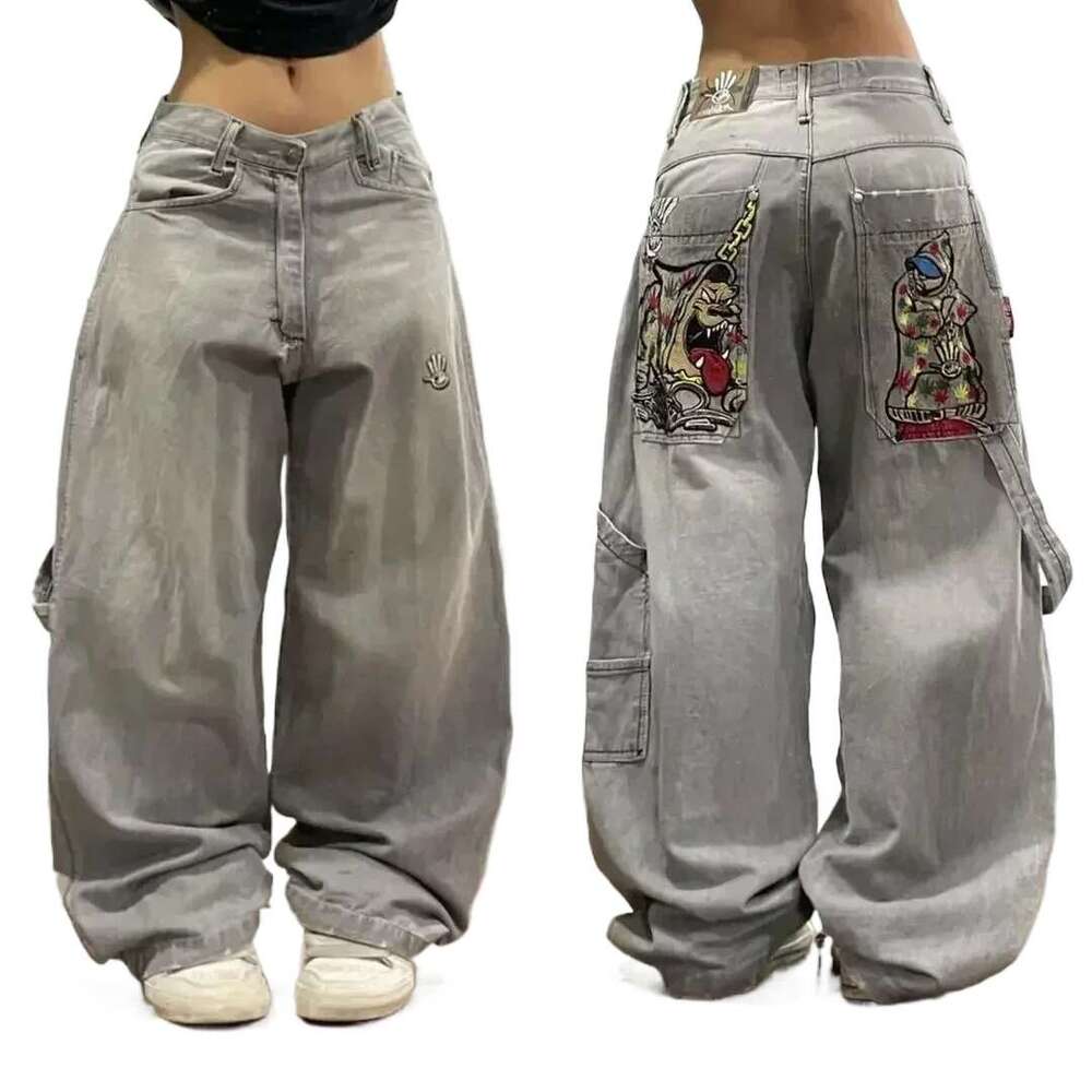 American Y2k New Fashion Trend Letter Embroidery Loose Men Street Hip Hop Retro Straight Wide-Leg Pants Couple Joker Jeans