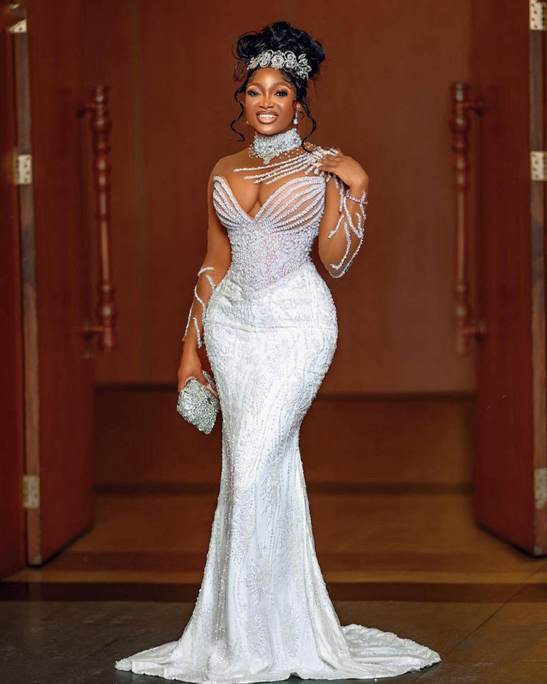 Gorgeous Plus Mermaid Wedding Dresses Sheer Beading High Neck Sequined Bridal Gowns Long Sleeves Sweep Train Custom Made