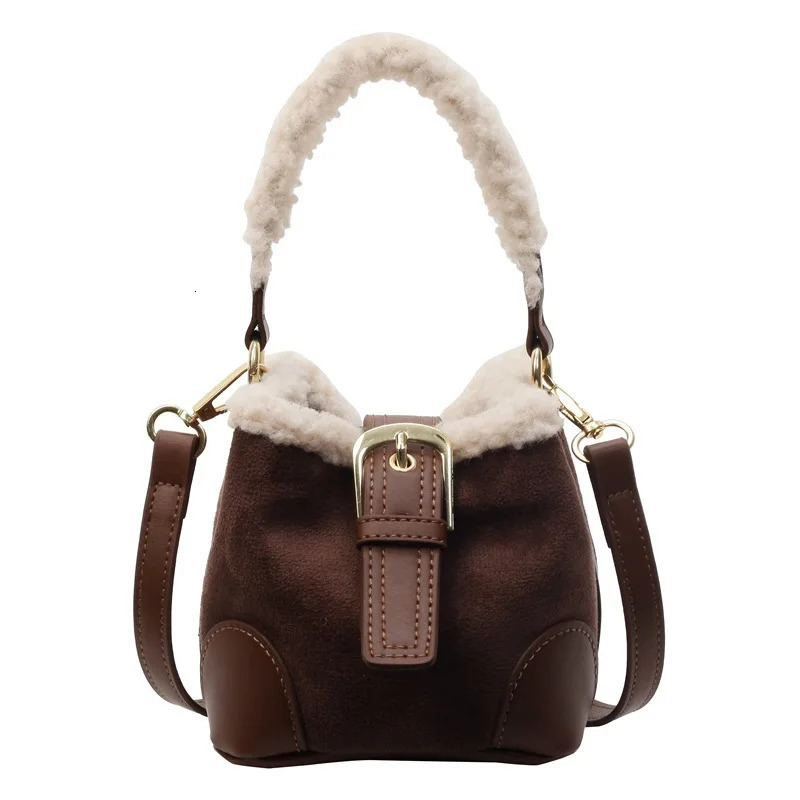 Lamb Wool Mini Vintage Suede Bucket Bag Women Maillard Retro Handbag for Ladies Faux Fur Shoulder Crossbody Bag Female Purses 241114