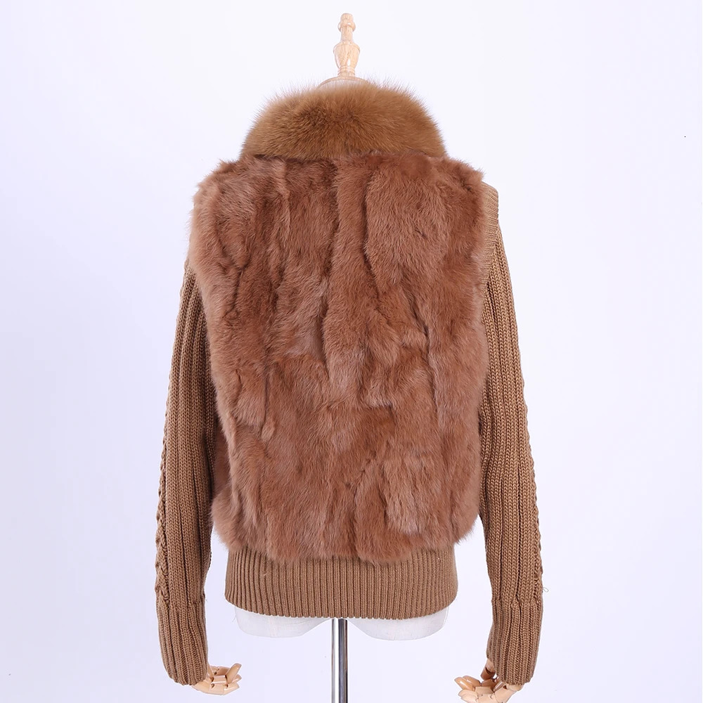 Womens Genuine Real Rabbit Fur Fox Collar Knitting Sleeve Winter Coat Jacket Casual Short Outwear Slim 241115