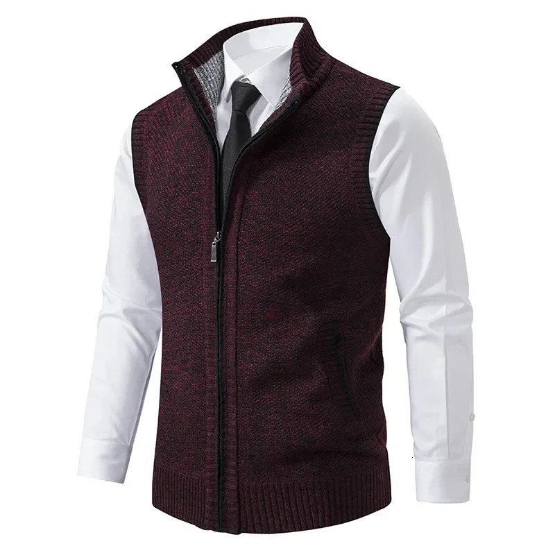 Mens Knitted Sleeveless Sweater Cardigan Zipper Vest Casual Warm Jacket Slim Fit Stand Collar Sweatercoat 241114