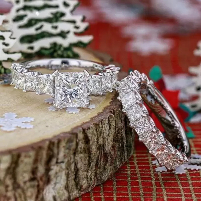 Gorgeous Stunning Wedding Rings Elegant Handmade Luxury Jewelry 925 Sterling Silver Princess Cut White Lab Moissanite Diamond Party Women Couple Brida