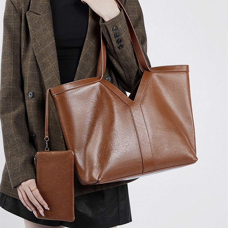 2 Pcs/Set Cow Genuine Leather Large Tote Shoulder Bags For Women Winter Designer Commuter Shopper Ladies Handbags Vintage BagVoyage