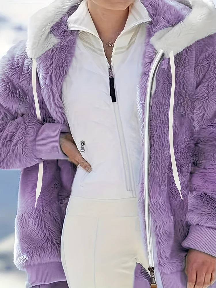 Womens Jacket Plush Zipper Pocket Hooded Long Sleeve Solid Fur Casual Loose Warm Winter Ladies Coats 2024 Fashion Thick Clothes 241115