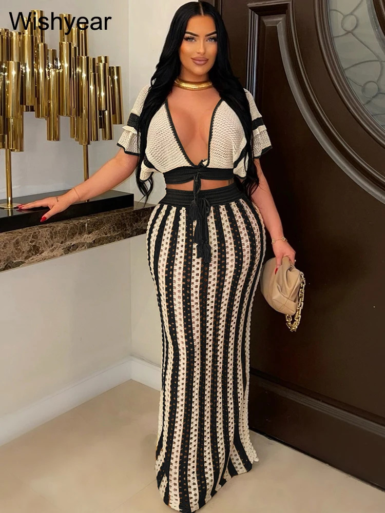 Elegant Knitted Crochet Beach Black Stripe Two 2 Pieces Women Crop Tops and Long Skirts Matching Set Holiday Birthday Outfits 241114