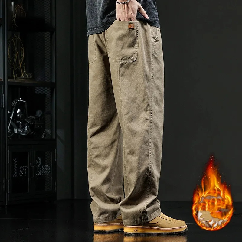 Retro pure cotton thick elastic waist brushed solid autumn and winter fully matched patch work bag straight casual cargo pants 241115