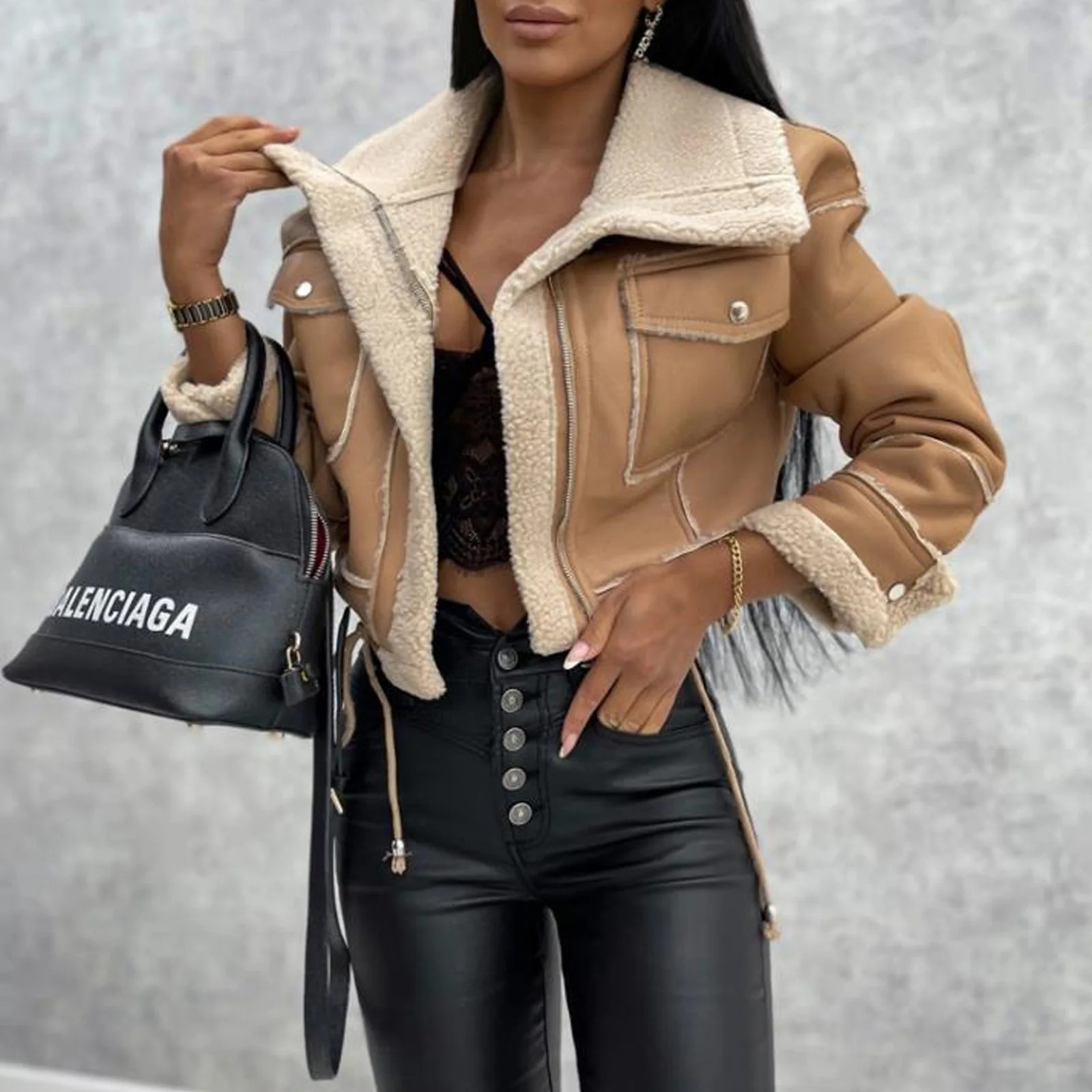 Winter Women Thick Warm Suede Lamb Jacket Short Motorcycle Brown Coats Faux Shearling Sheepskin Leather Jackets Outwear 241114