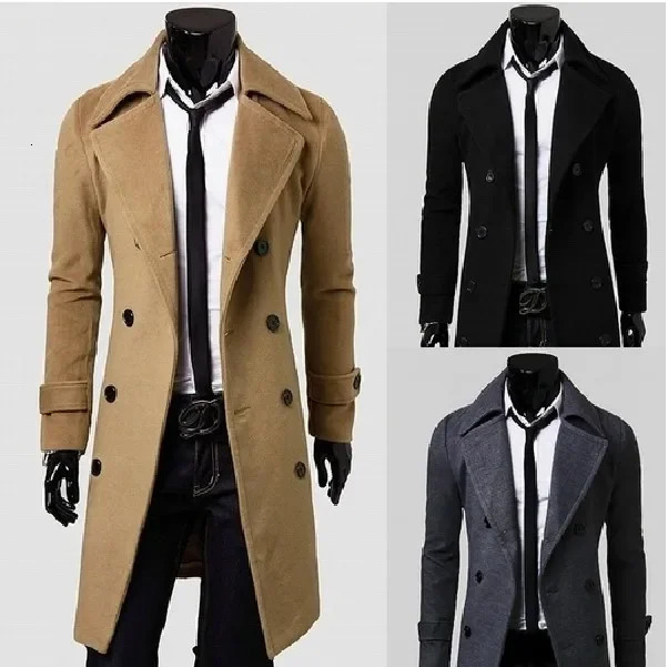 Fashionable mens wool coat with long trench and double row buttons for quick sales 241115