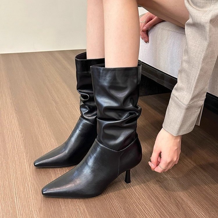 Women's Autumn/Winter New Style Rice White Pointed High-heeled Boots.