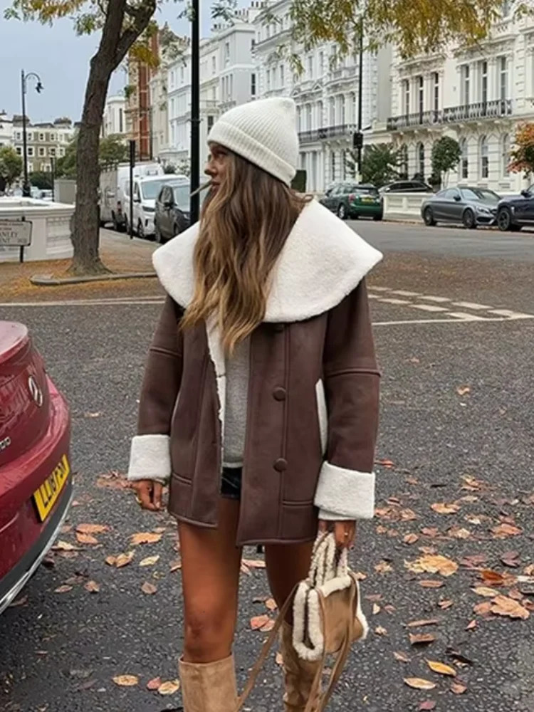 Winter Warm Lapel Collar Long Sleeve Belt Woman Coat Chic Single Breasted Lamb Woolen Suede Leather Jacket 2024 Streetwear 241115