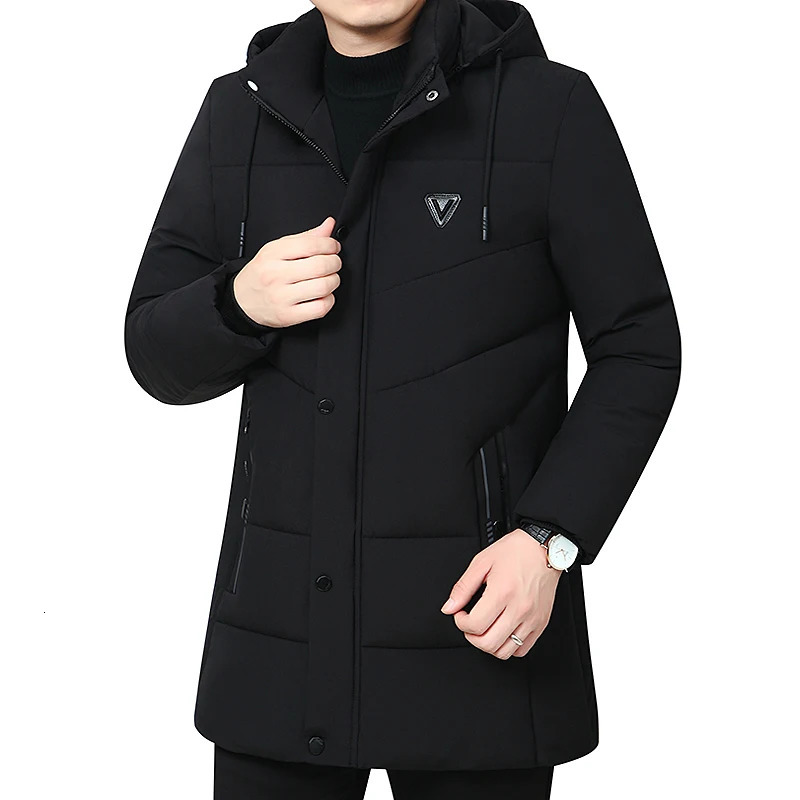 Hooded Winter Down Cotton Coat for Men Parkas Thickened Solid Color Padded Cardigan Midi Length Zip Up Mens Warm Jacket 241115