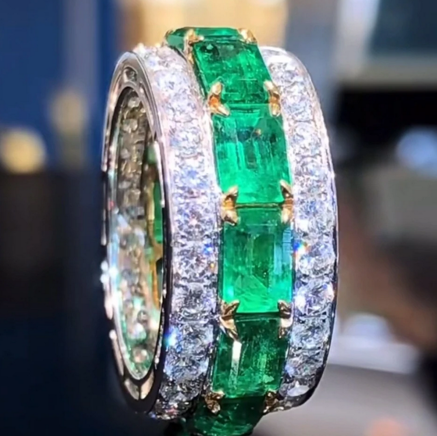 Rulalei Valuable Lovers Lab Emerald Diamond Ring 925 Sterling Silver Party Wedding Band Rings for Women Men Engagement Jewelry Gift