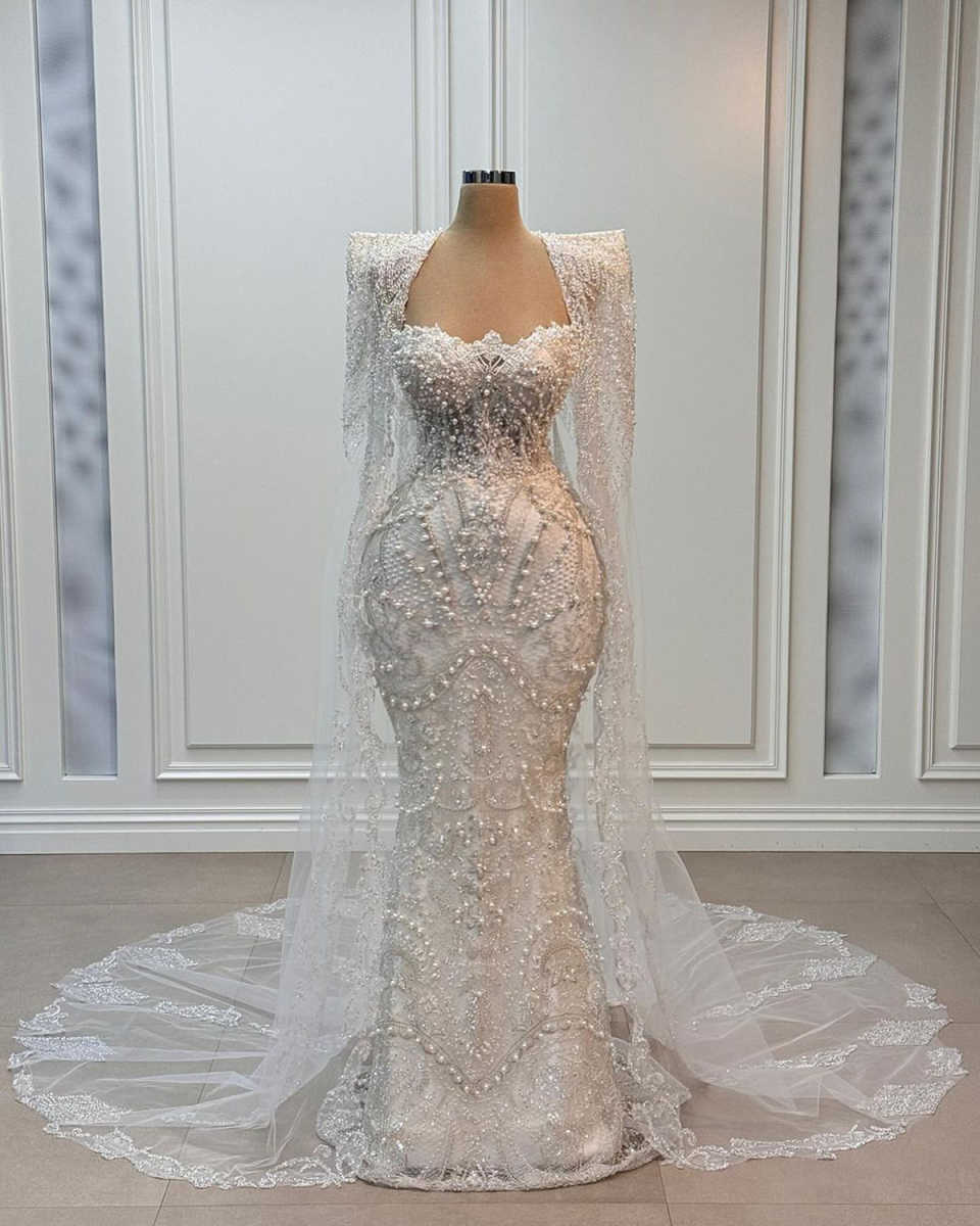 Wedding Dresses Pearls Sequins Bride Gowns With Cape Beaded Long Sleeves Custom Made Mermaid Bridal Or Length Vestido De Novia 0219