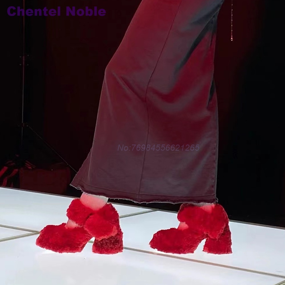 Fur Straps Chunky Sweet Square Toe Novelty Autumn Women Pumps Cute Runway Shallow Design Red White Black Party Shoes