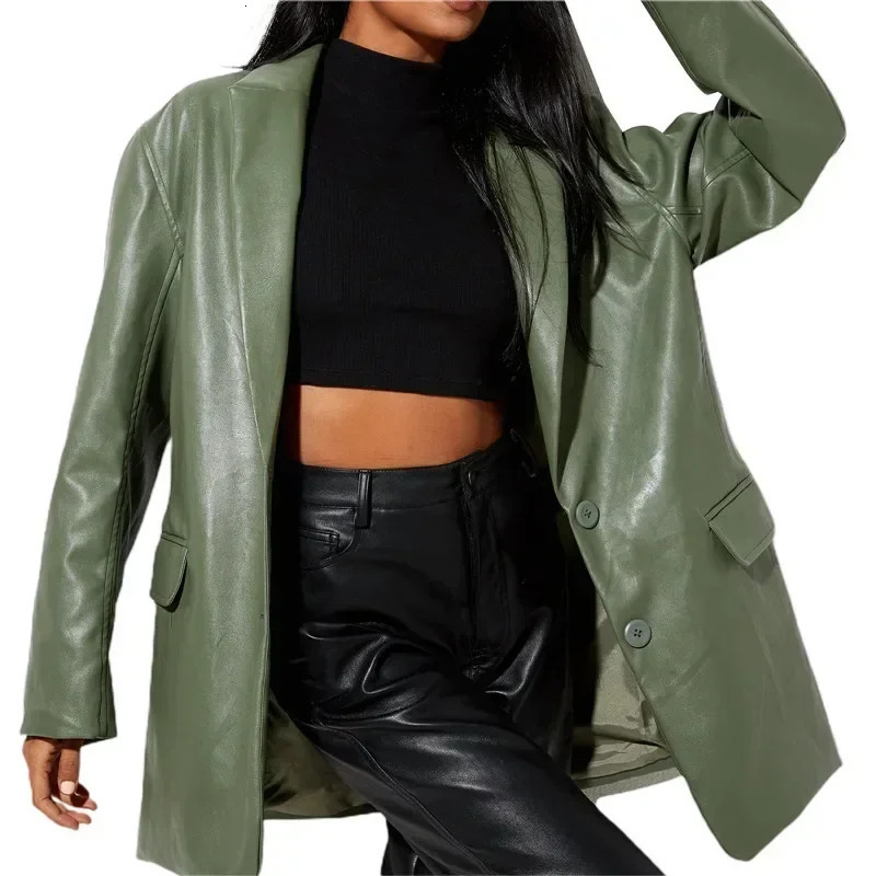 Ladies Vintage Faux PU Leather Blazer Women Jacket Coat Long Sleeve Flap Pockets Streetwear Female Veste Femme 241115