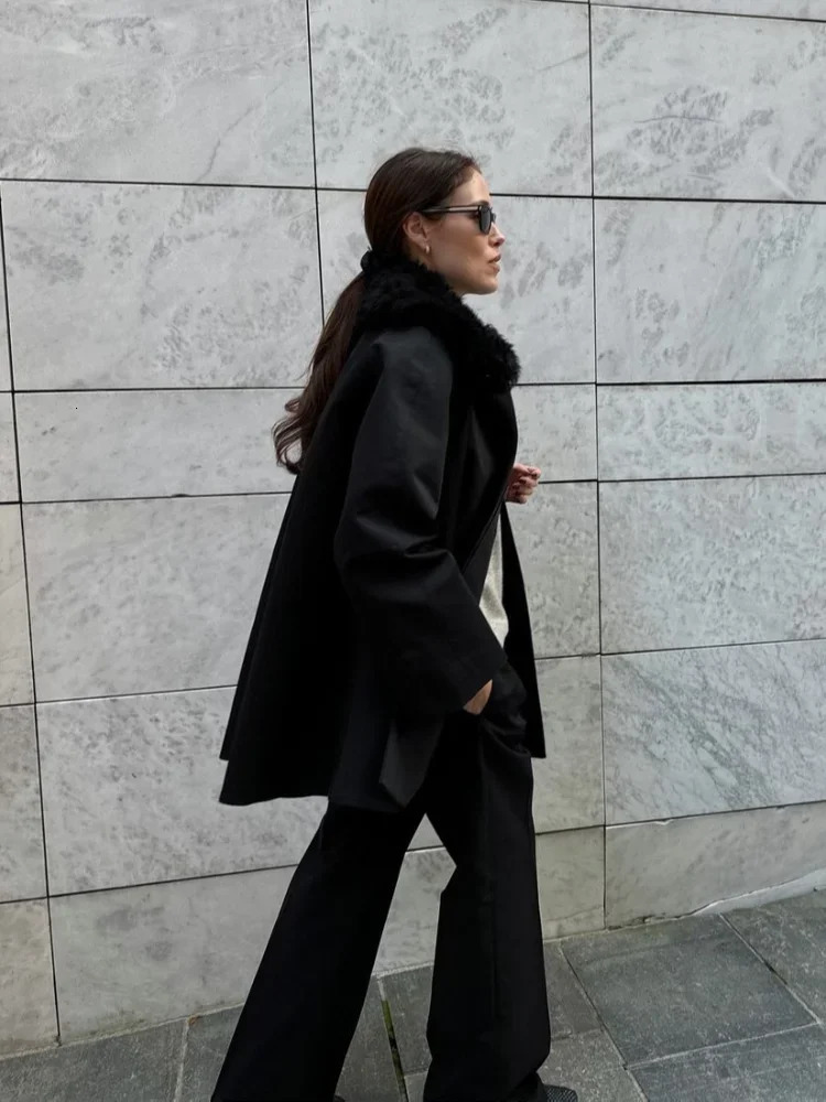 Black Fur Flip Collar Classic Full Sleeve Woman Jacket Elegant Solid Color Single Breasted Coat 2024 Lady Fall Streetwear 241115