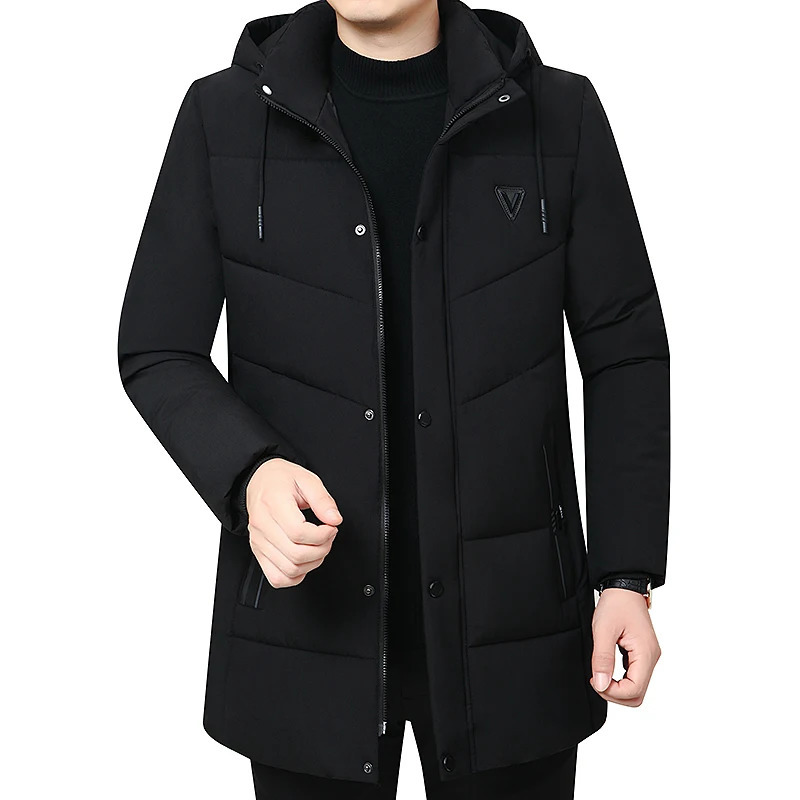 Hooded Winter Down Cotton Coat for Men Parkas Thickened Solid Color Padded Cardigan Midi Length Zip Up Mens Warm Jacket 241115