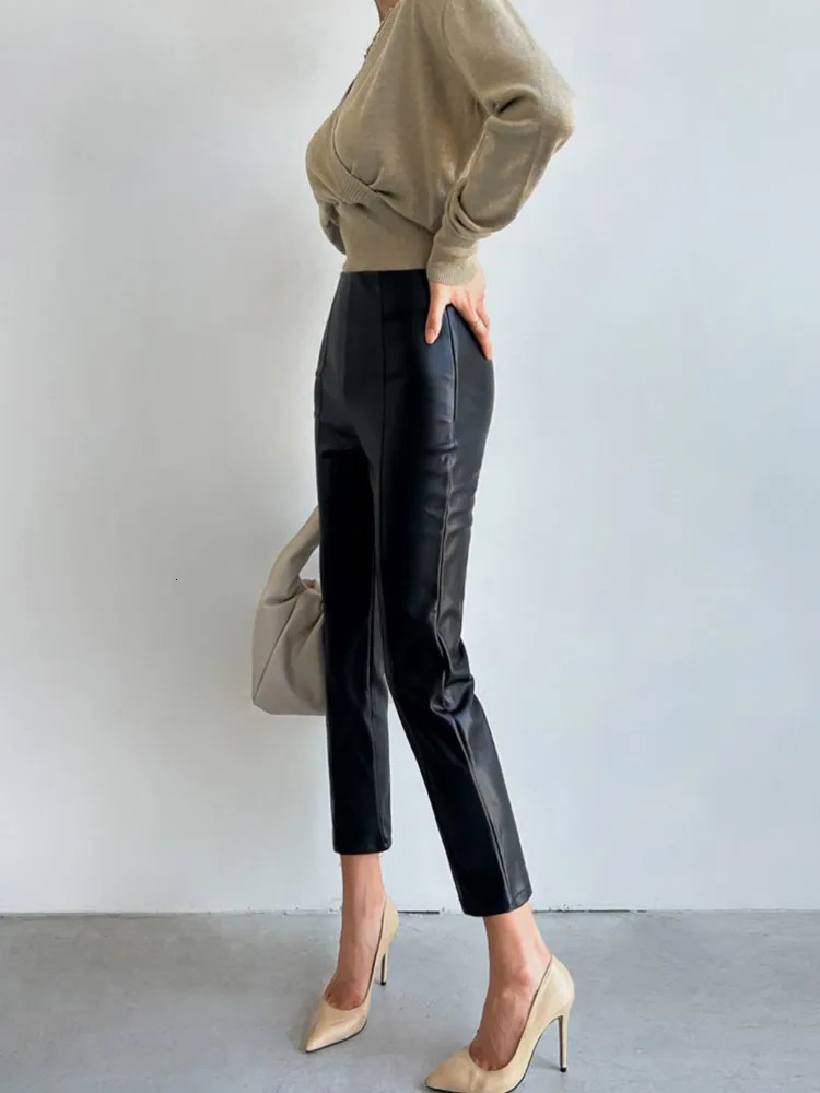 PU autumn and winter leather pencil pants for womens body fashion office high waisted Trouser casual 241115
