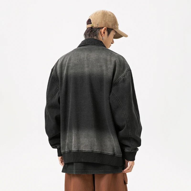 Mens denim jacket retro washed lapel jacket autumn fashionable loose denim jacket zipper n pilot workwear jacket 241115