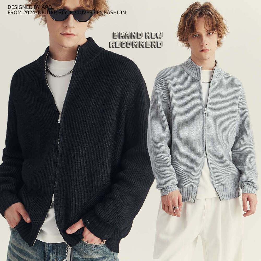 APO Wear | Autumn And Winter New Knitted Open Coat Men's Trendy Brand Lazy Style Loose Zipper Piercing Sweater