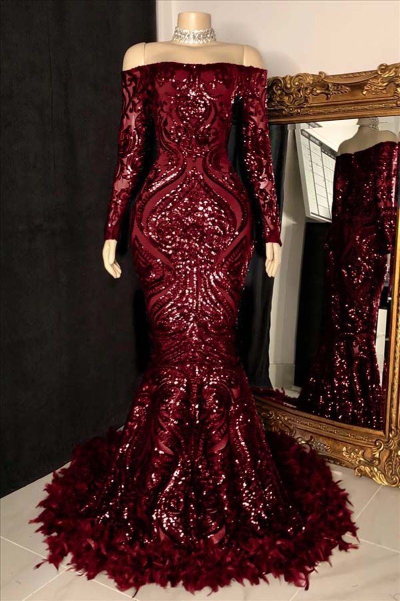 Glitter Burgundy Sequins Lace Prom Dresses Off Shoulder Long Sleeves African Black Girls Feathers Mermaid Formal Events Evening Gown 2025 Special Occa