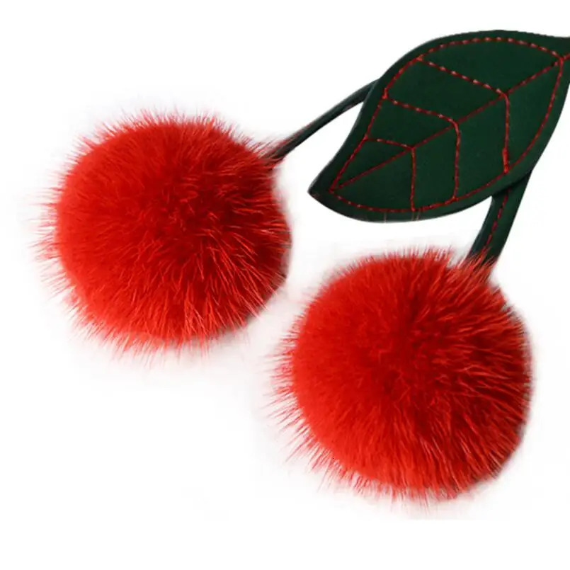 Genuine leather mink keychain fruit cherry puffball fur bag charming fluffy green leaf backpack pendant accessories 241115