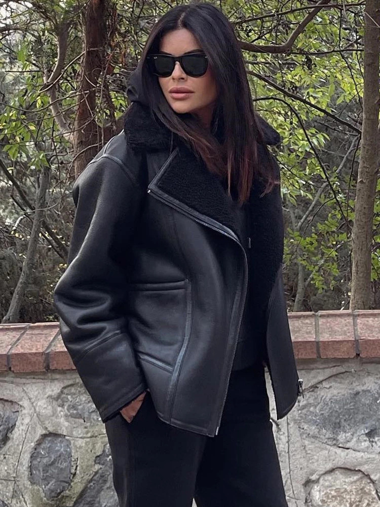 Autumn Winter Women Warm Black Zipper Faux Leather Jacket Coat Loose Turn Down Collar Thickness Overcoat Female Outwear 241115
