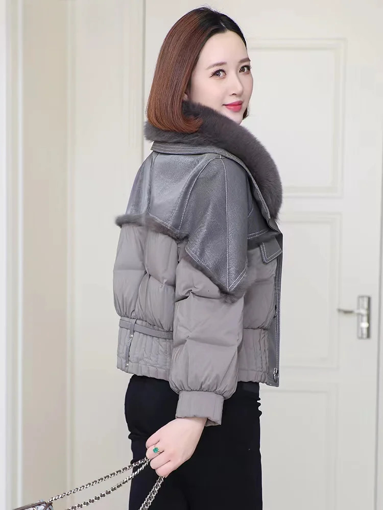 Womens down jacket 2024 winter 100 natural fur collar Short sheepskin fabric Equipped with rabbit inner lining coat 241115