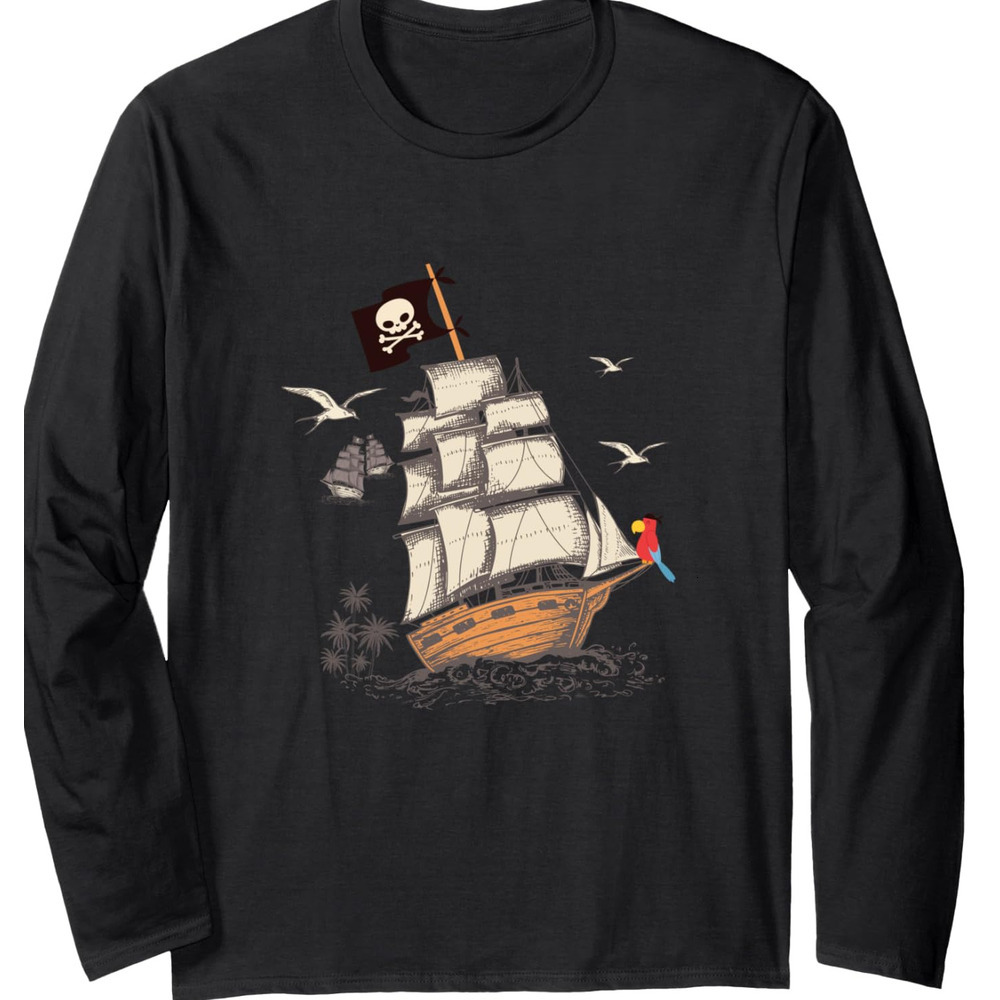 Long Sleeve Shirts for Men sweatshirt Pirate Ship Nautical Boat Pirate Flag Funny Gift Long Sleeve Tee Streetwear Casual tops clothes fashion cool