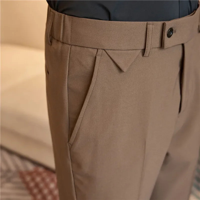 Mens set pants spring elastic waist solid slim fit dress for office casual mens wear 241115