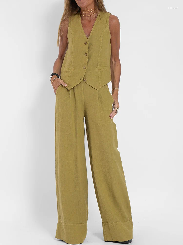 Women's Two Piece Pants Vintage Office Lady Elegant Pant Sets Casual Women 2 Sleeveless V Neck Vest High Waist Wide Leg Suit