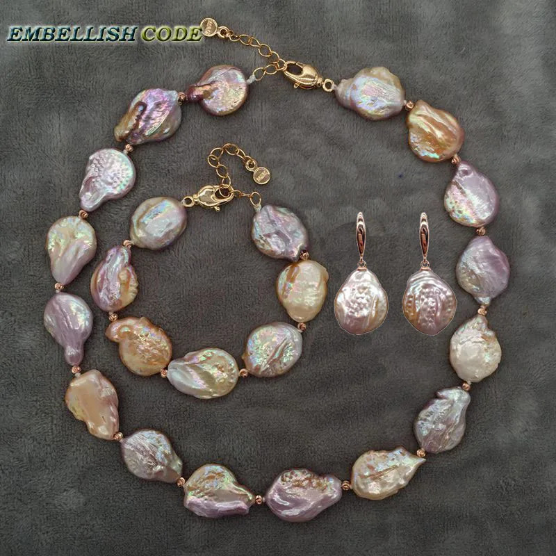 Special Rainbow Baroque Pearl Declaration Necklace Bracelet Hook Earring Set Rose Gold Plated Peach Colored Flat Coin 241115