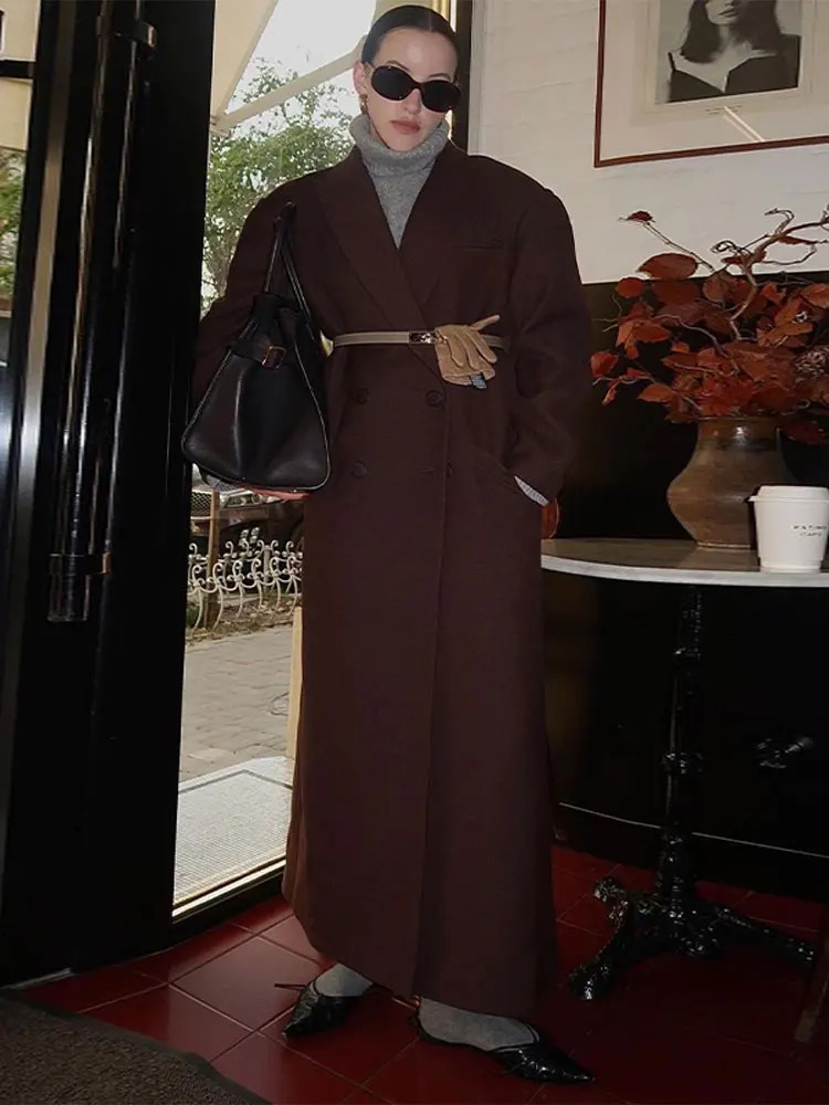 Leisure double-layer lapel oversized wool coat womens fashionable pocket full set coat autumn womens retro streetwear 241115