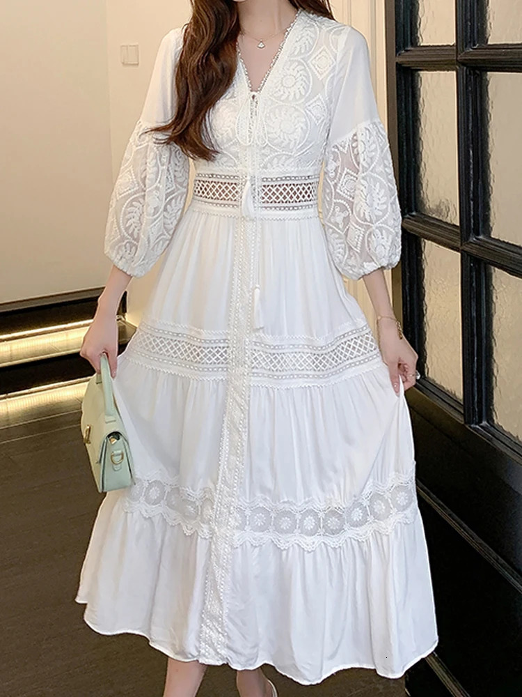 White Long Dress Women Summer Boho Lace Dresses Female Beach Holiday Hollow Out Ladies Elegant Vintage Loose Vestidos 240415
