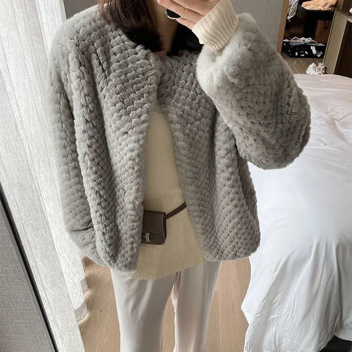 Otter Rabbit Fur Grass Coat Womens Versatile Round Neck Short Thick Warm Woven 241115