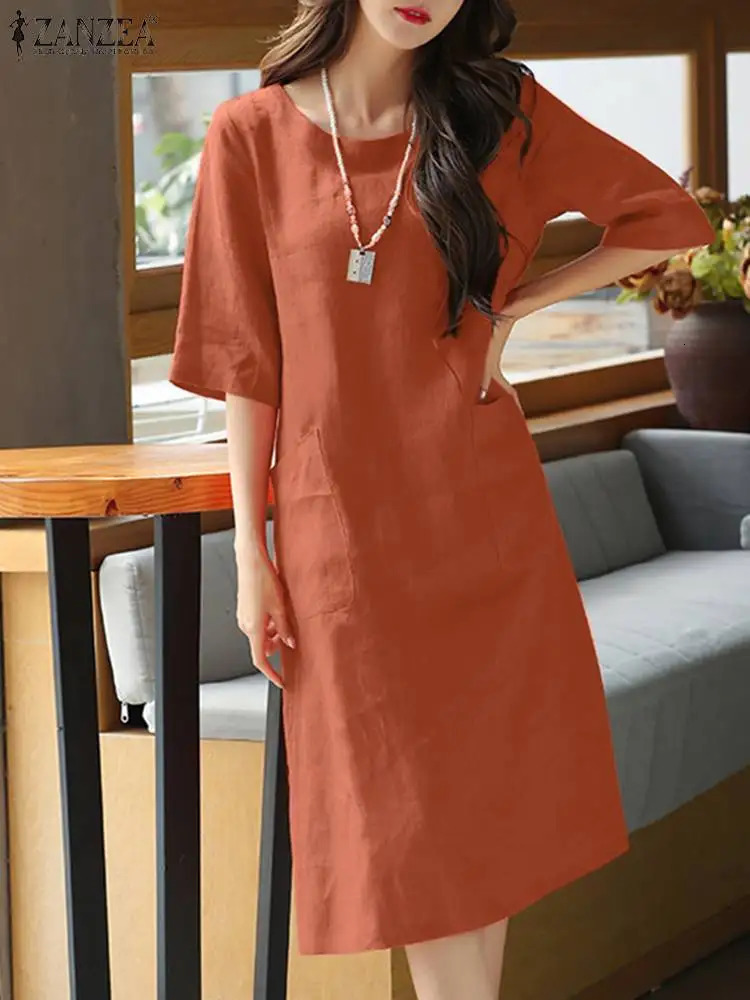 ZANZEA Summer O Neck Half Sleeve Sundress Women Vintage Solid Cotton Dress Robe Femme Casual Loose Beach Vestido Kaftan 240415
